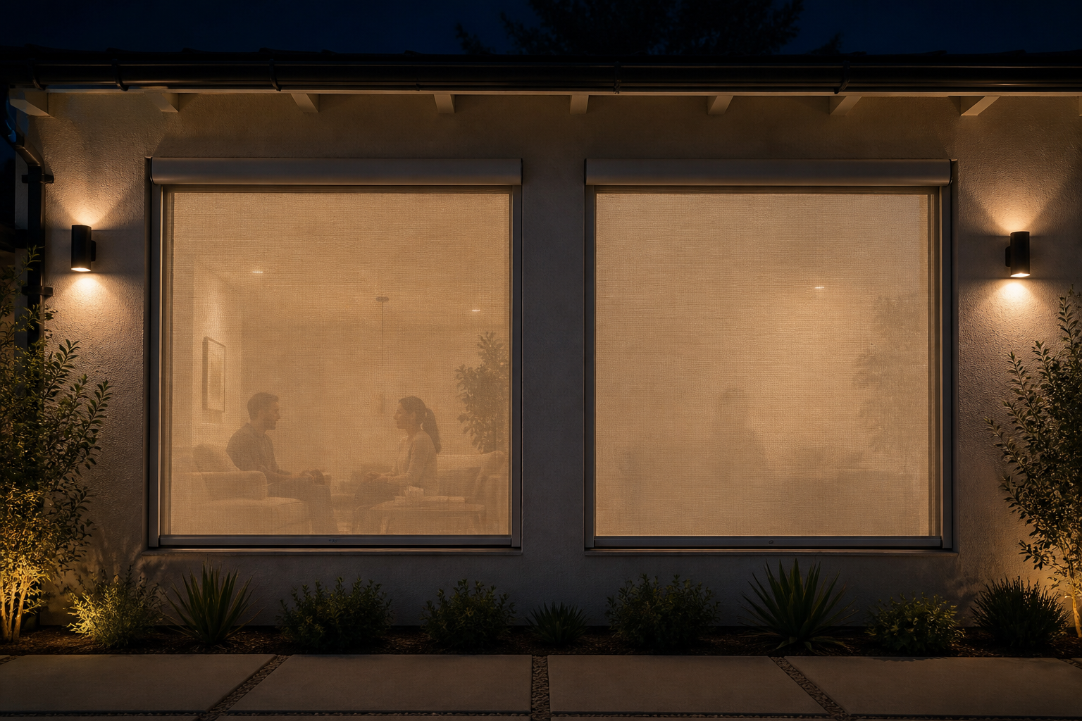 Lit living room visible from outside through uncovered glass after dark