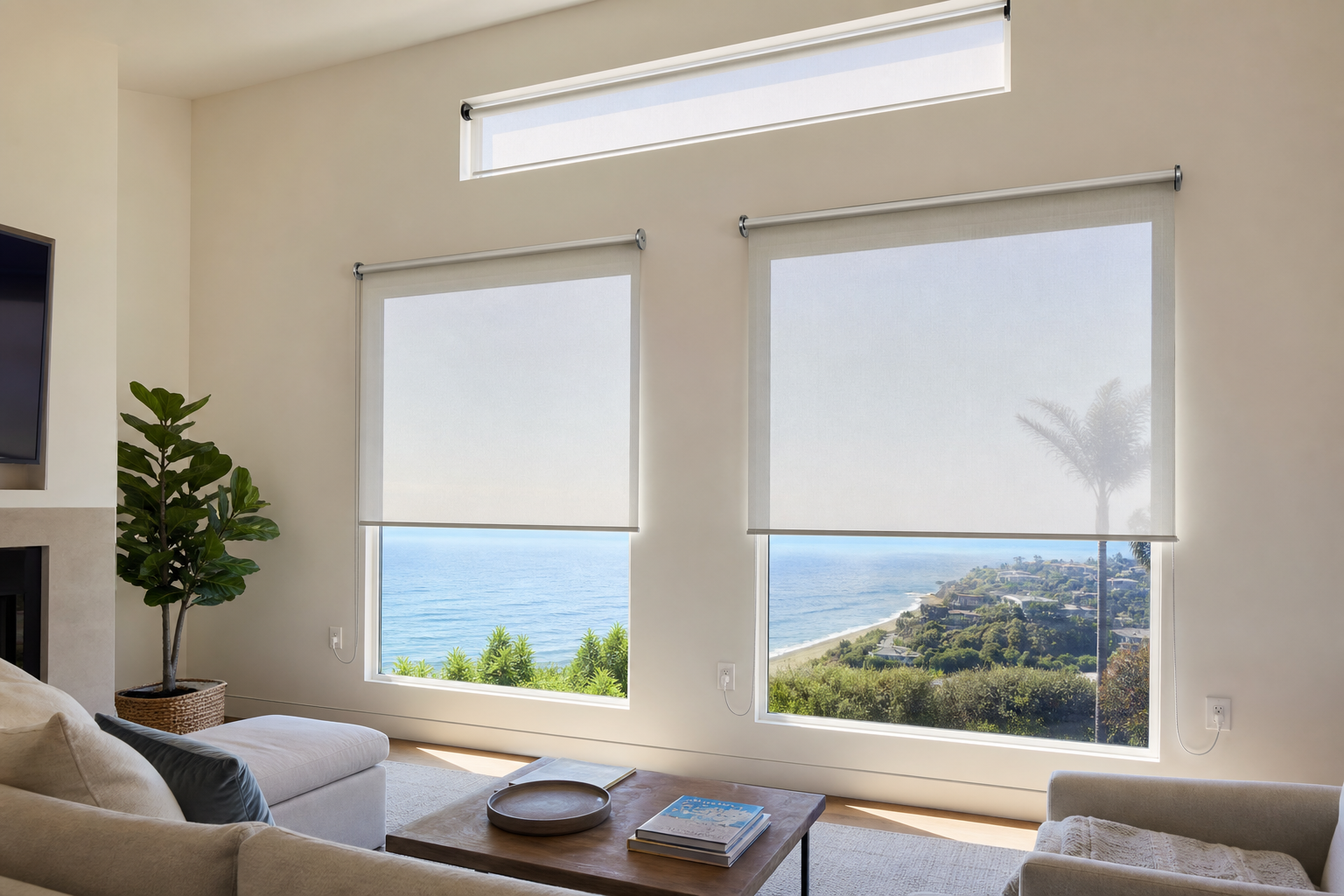 Light-filtering roller shades softening direct sun in a bright South Bay living room