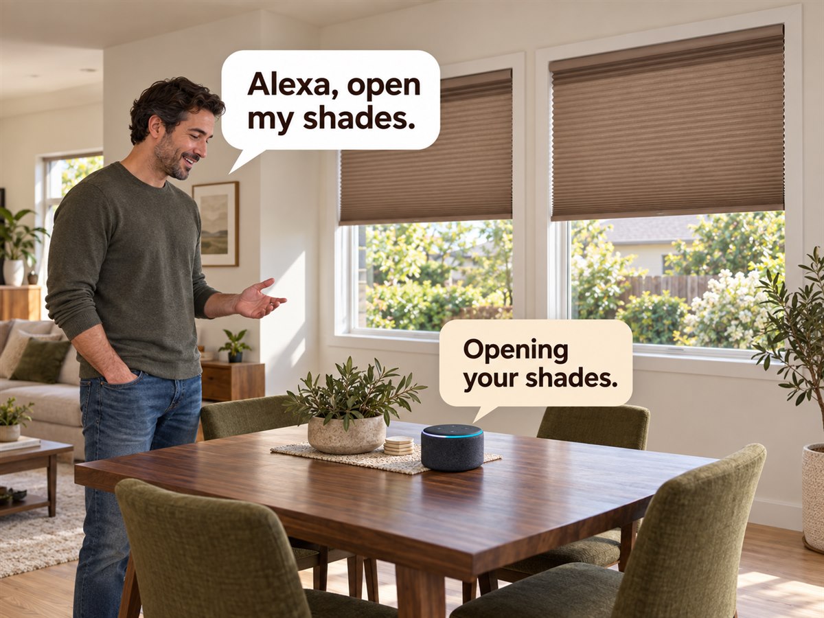 Homeowner asks Alexa to open coffee-colored honeycomb shades in a modern dining room; the smart speaker replies, Opening your shades