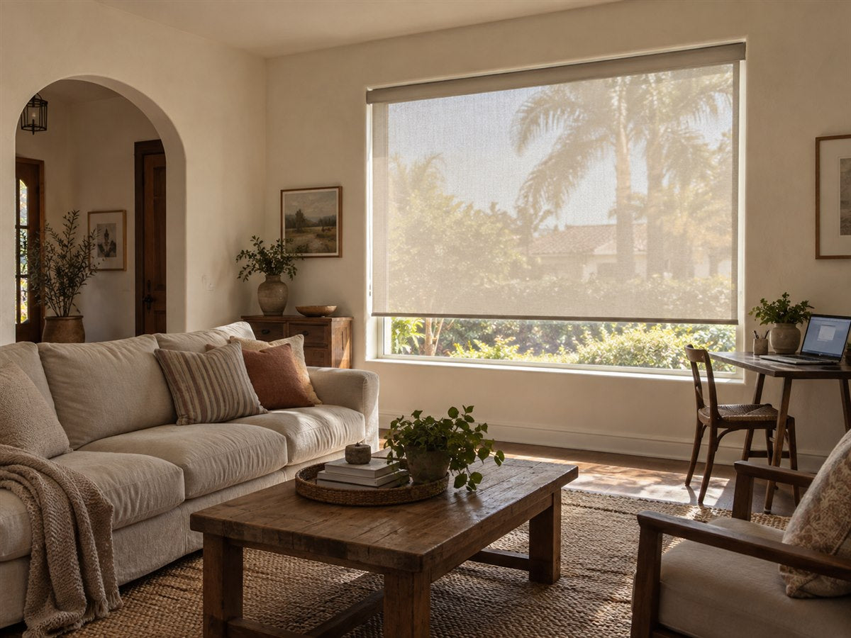 Translucent solar roller shade softening bright sunlight in a Spanish-style South Bay living room
