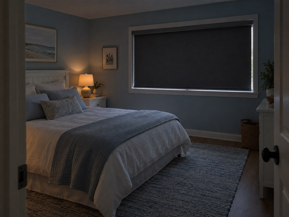 Charcoal blackout shade creating a restful darker bedroom in a coastal South Bay townhouse