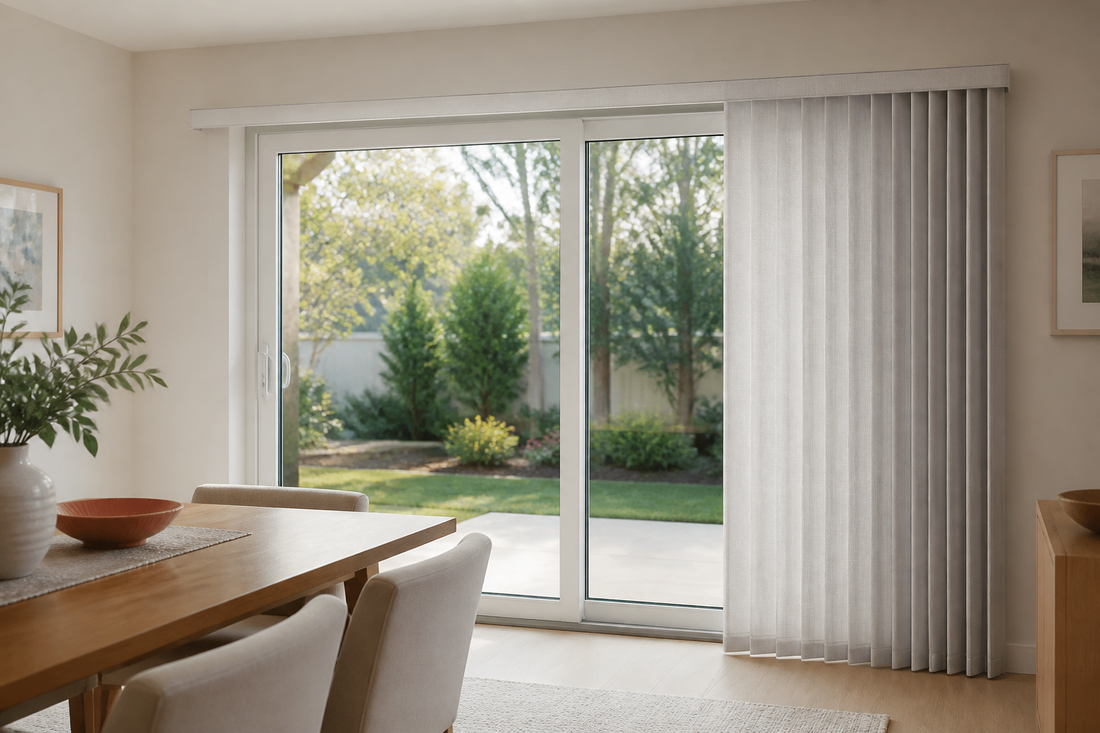 Illustration of a fabric vertical shade on a sliding glass door