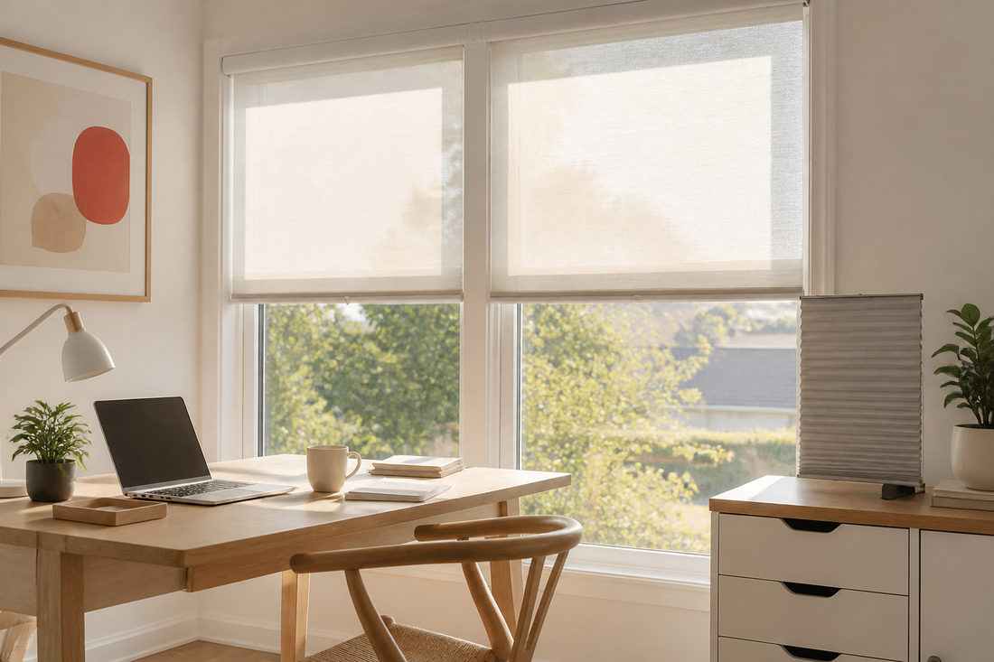 Illustration of heat-control window shades in a South Bay home office