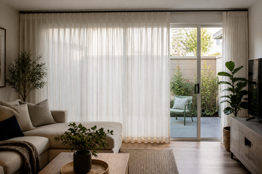Planning image of a light drapery sheer across a Gardena townhome sliding door