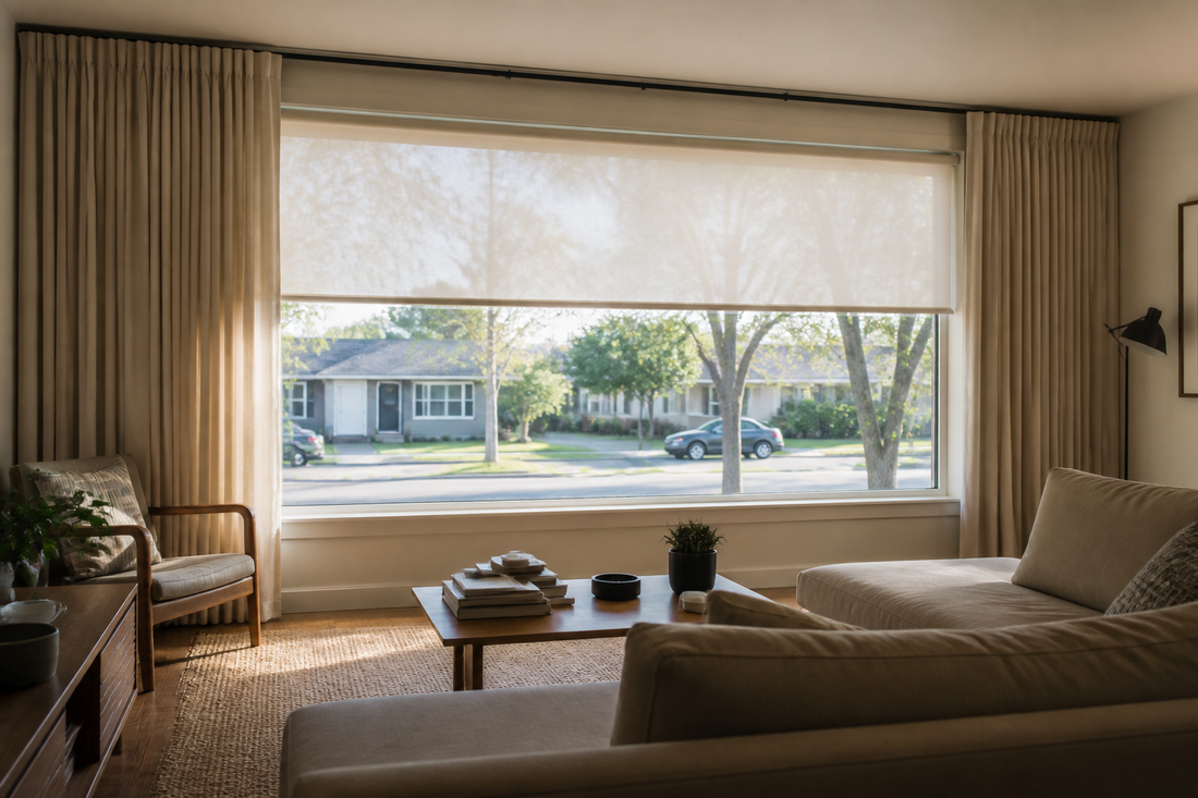 Planning image of curtains and a light-filtering shade on a wide Hawthorne living-room window