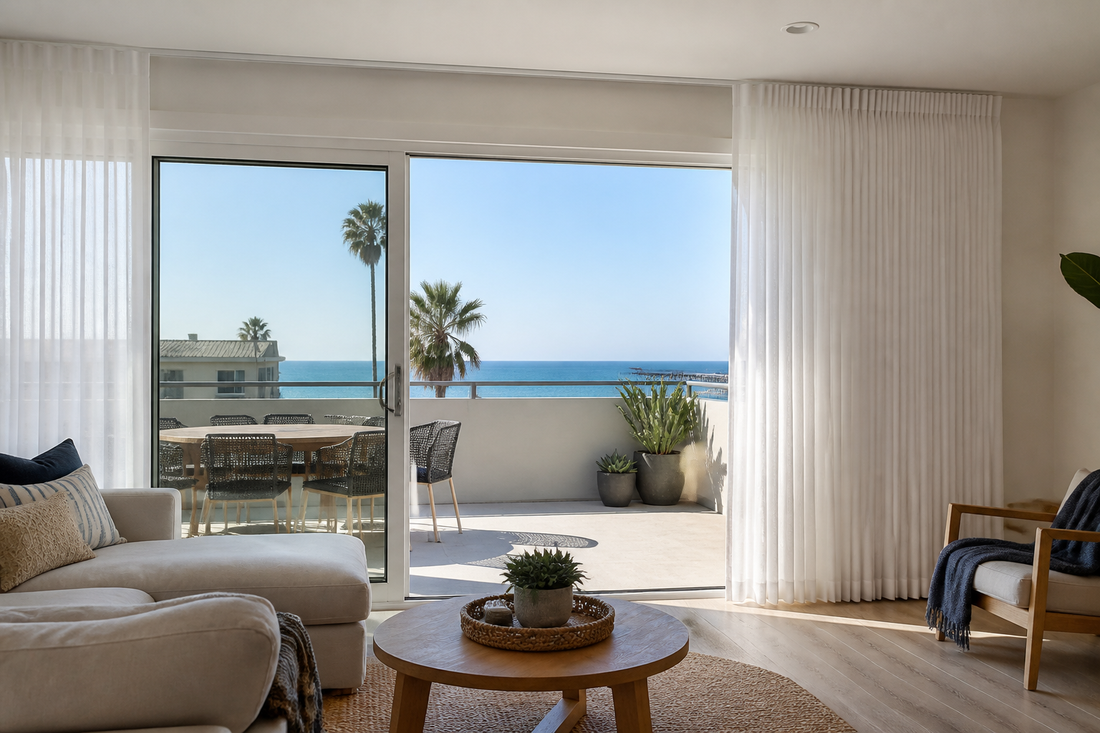 Planning image of a white drapery sheer on a Hermosa Beach balcony slider