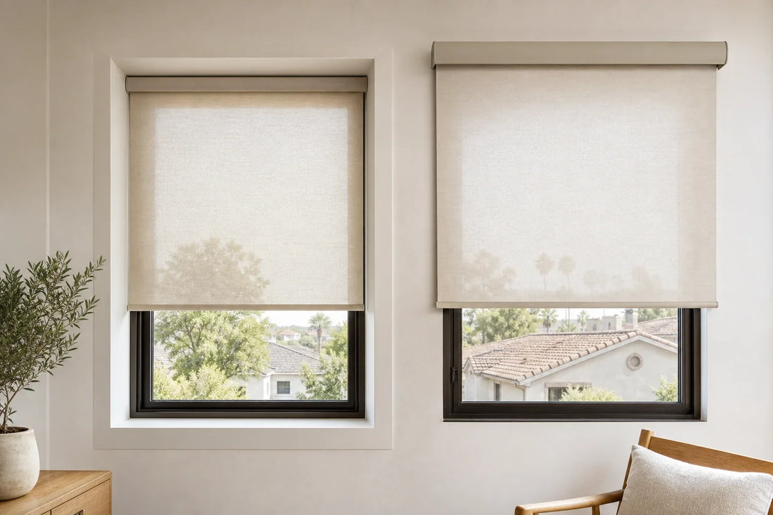 Side-by-side comparison of inside-mount and outside-mount roller shades