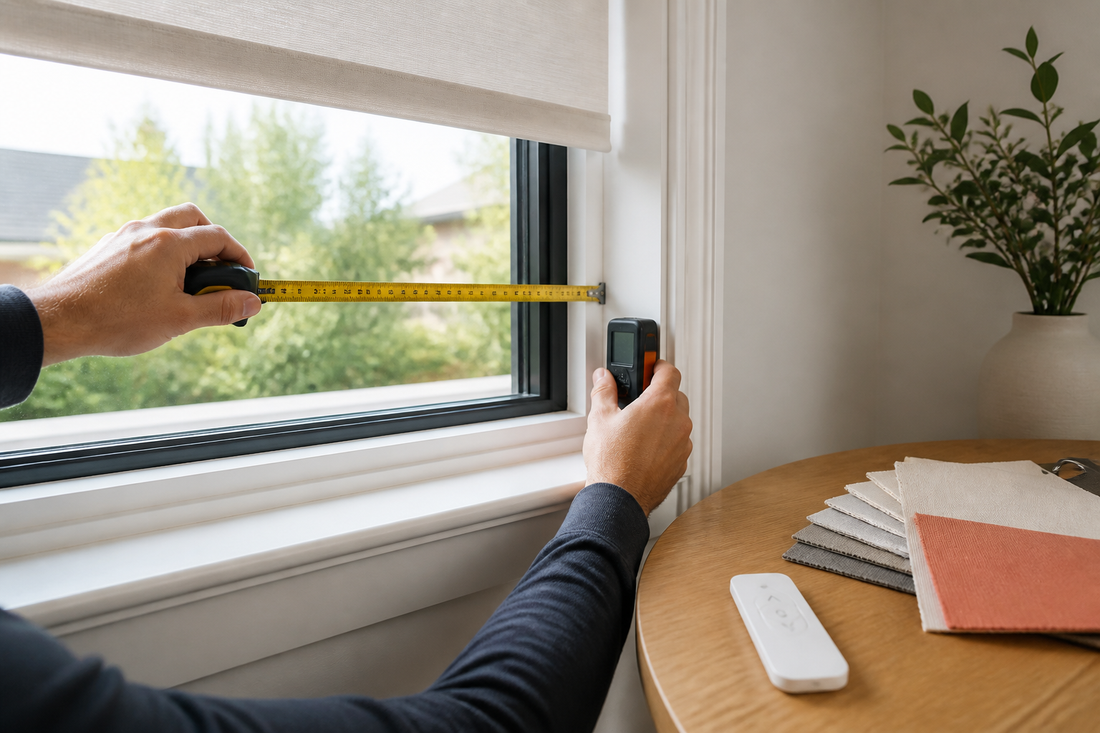 Illustration of a custom window opening being measured for motorized shades