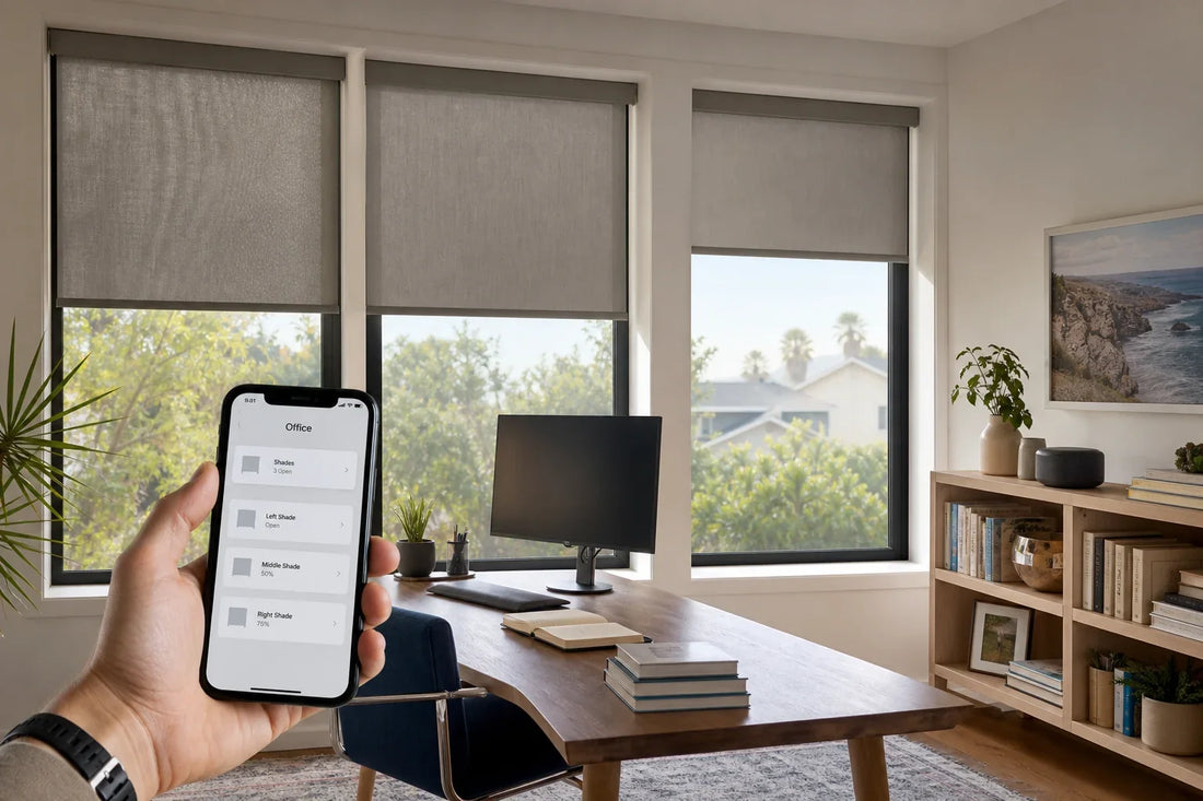 Motorized window shades controlled from a phone in a bright living room