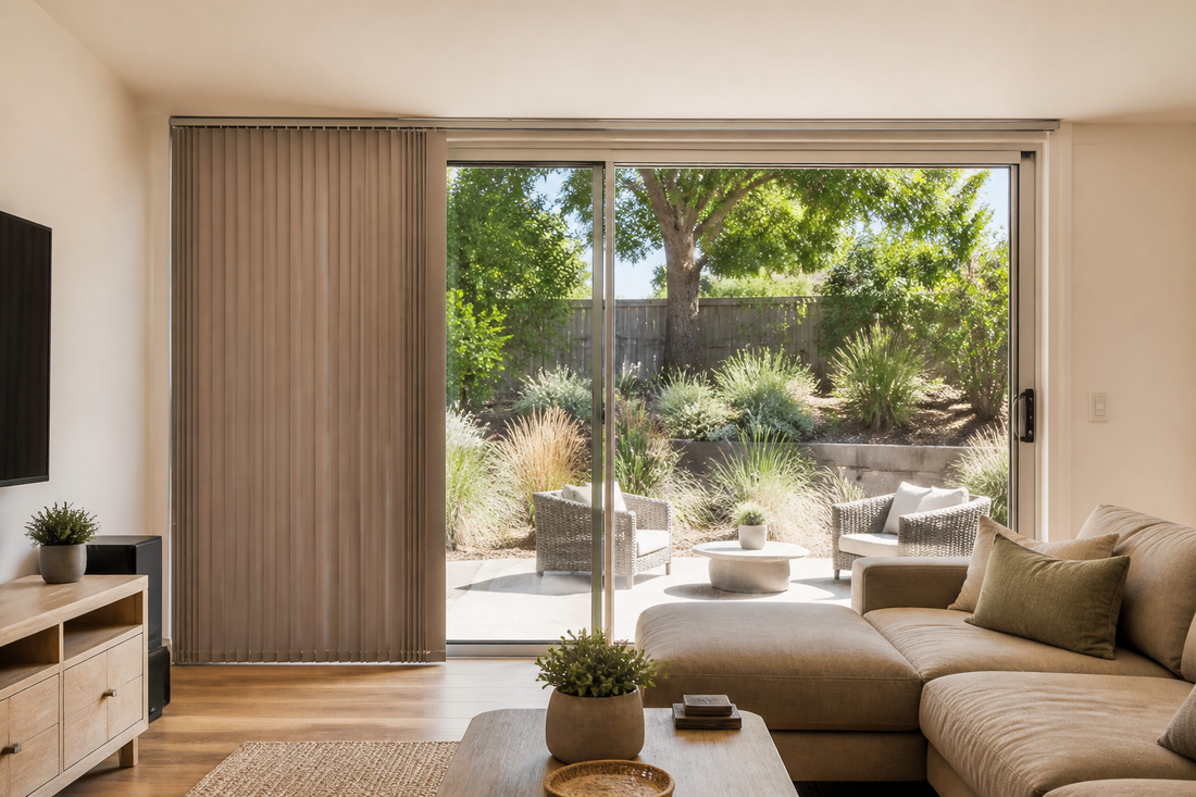 Planning image of a vertical fabric shade on a Rolling Hills Estates family-room slider