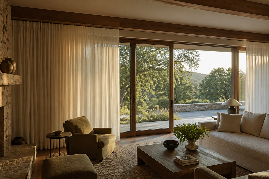 Planning image of motorized curtains on an oversized Rolling Hills glass wall