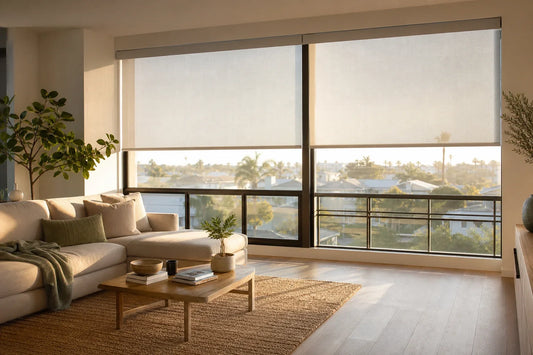 Motorized light-filtering roller shades controlling afternoon sun in a South Bay living room