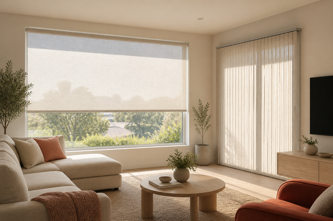 Illustration of motorized shades on a wide window and a sliding glass door in a South Bay living room