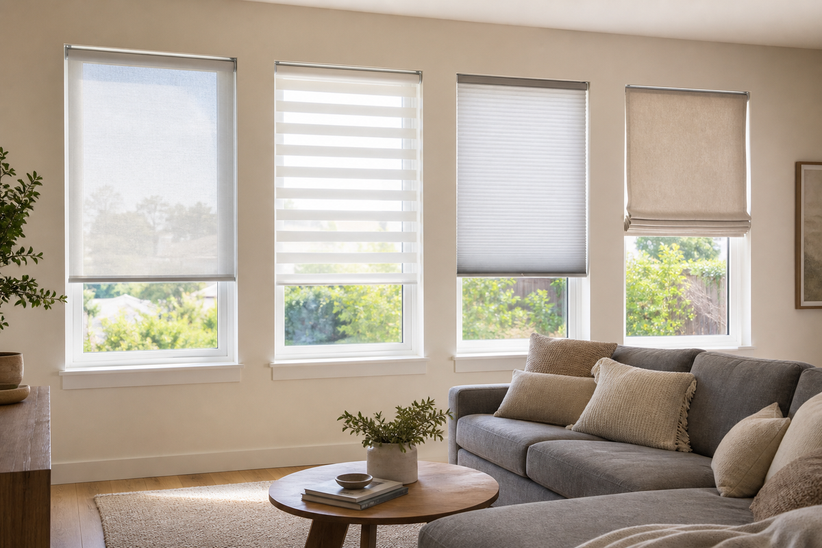 Window treatment styles being compared for a finished South Bay room