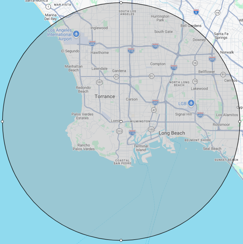 Approximate BLINDS100 service radius around Harbor City and the South Bay