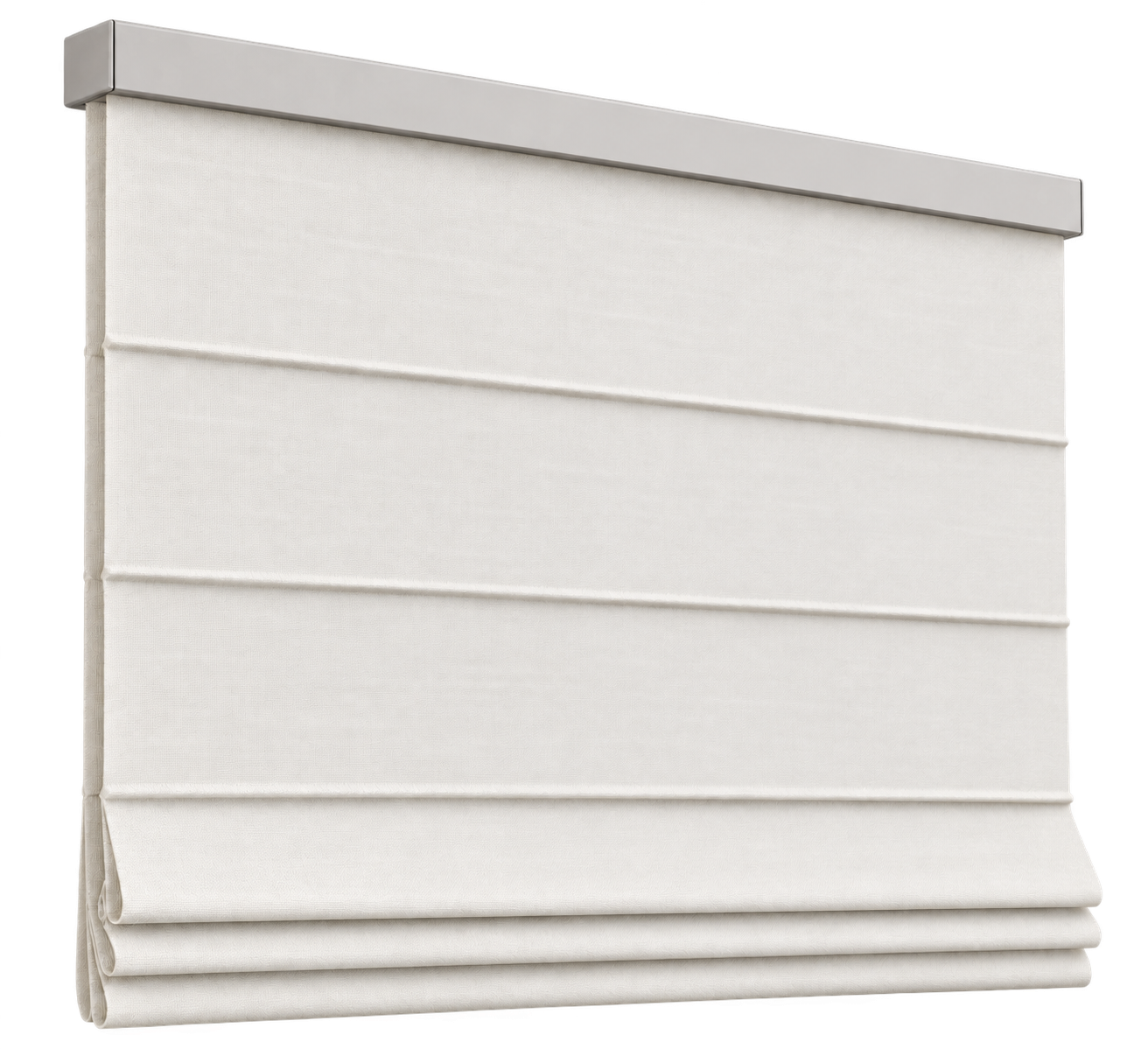 Angled Roman Shade product render with one continuous fabric layer, a straight rigid top valance and shallow horizontal folds