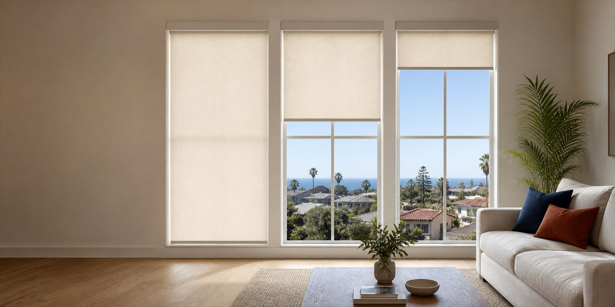 Custom motorized roller shades in a bright South Bay home