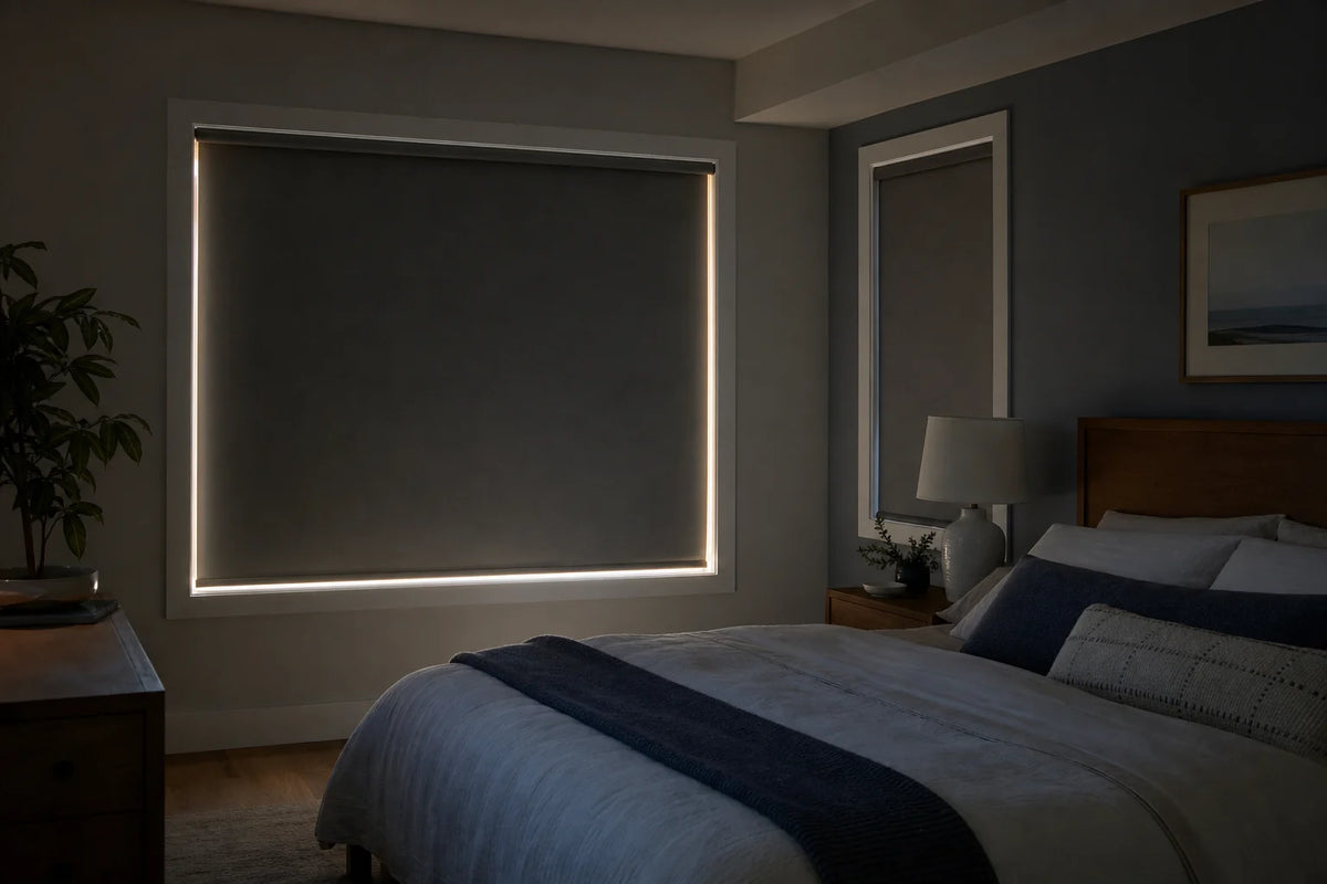 Bedroom with bright light entering around the edges of a blackout roller shade