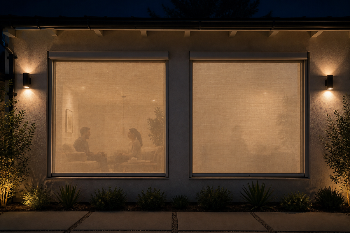 Lit living room visible from outside through uncovered glass after dark