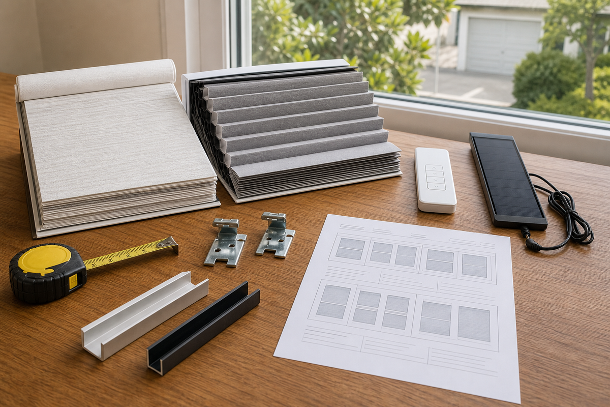 Shade fabric, remote, power option, and mounting details arranged for one complete plan