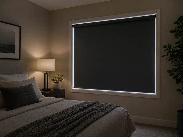 Blackout roller shade darkening a bedroom for sleep