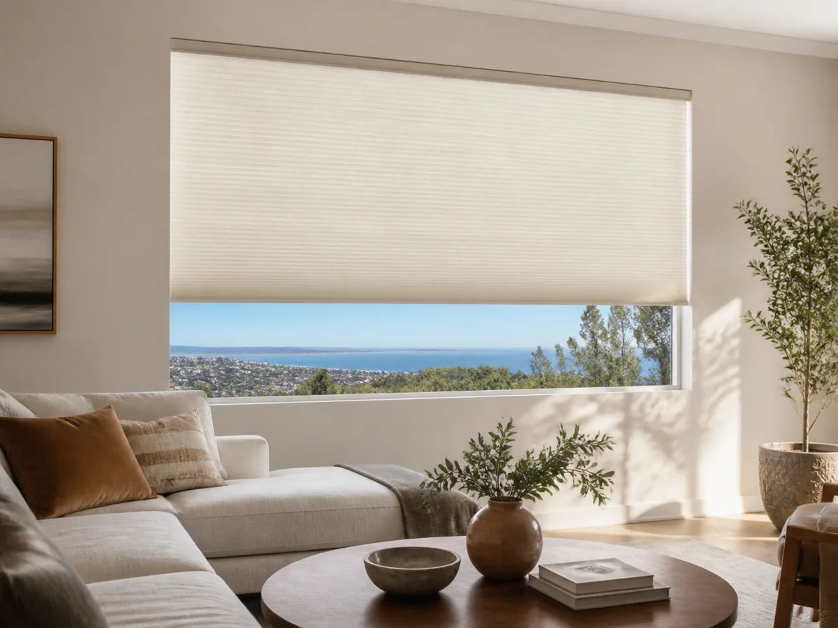 Ivory cellular honeycomb shade filtering daylight in a bright South Bay living room