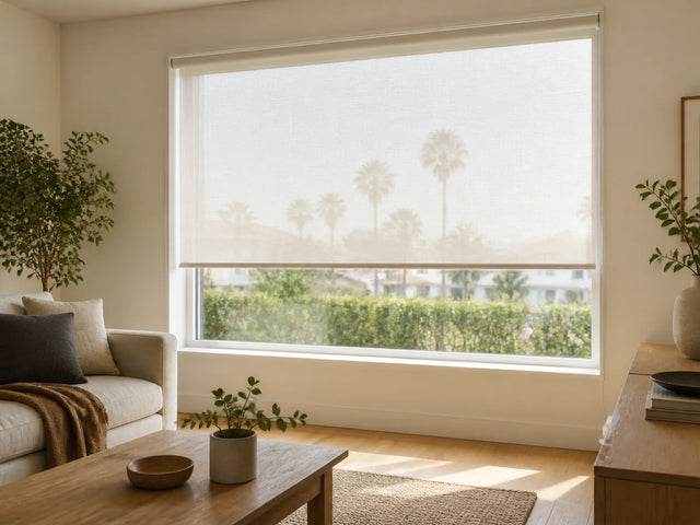 Light-filtering roller shade reducing harsh sunlight in a bright living room