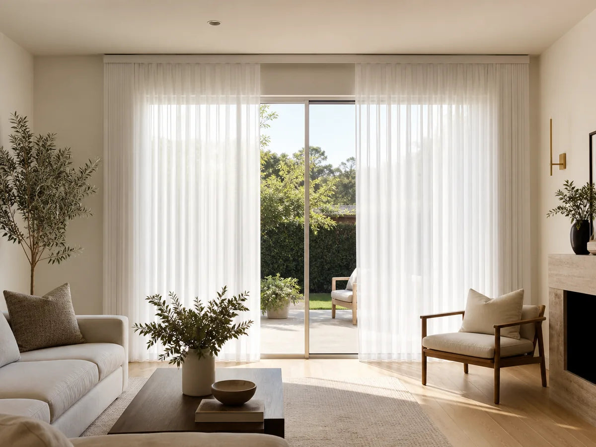 Center-split sheer drapery treatment across a wide sliding-door opening