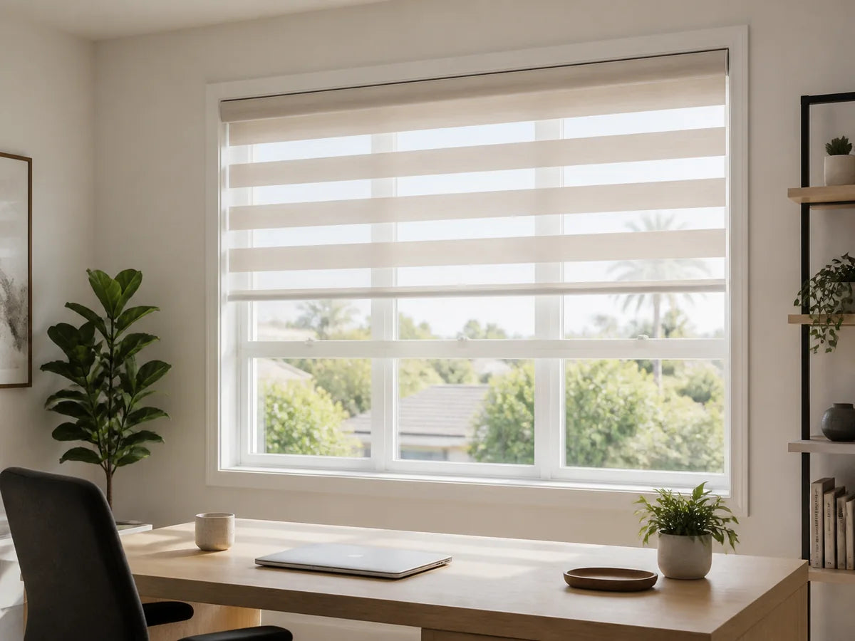 Motorized zebra shade balancing daylight and privacy in a South Bay home office