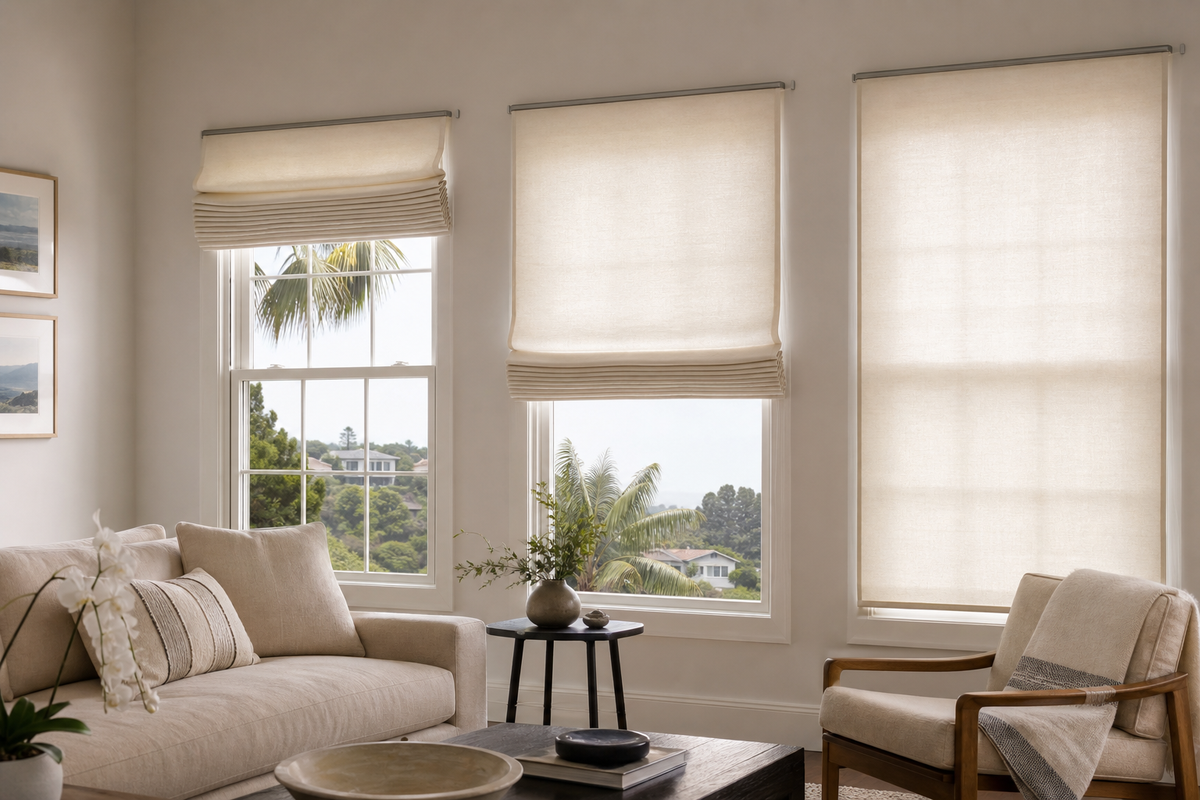 Roman shades completing the interior of a South Bay home