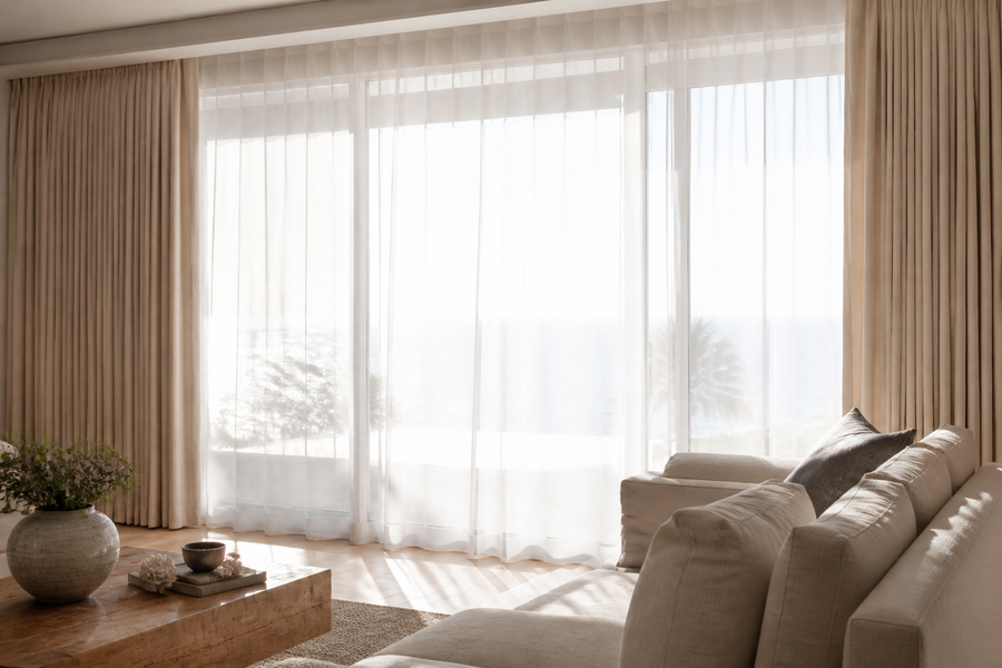 Layered drapery for glare and privacy in Rancho Palos Verdes