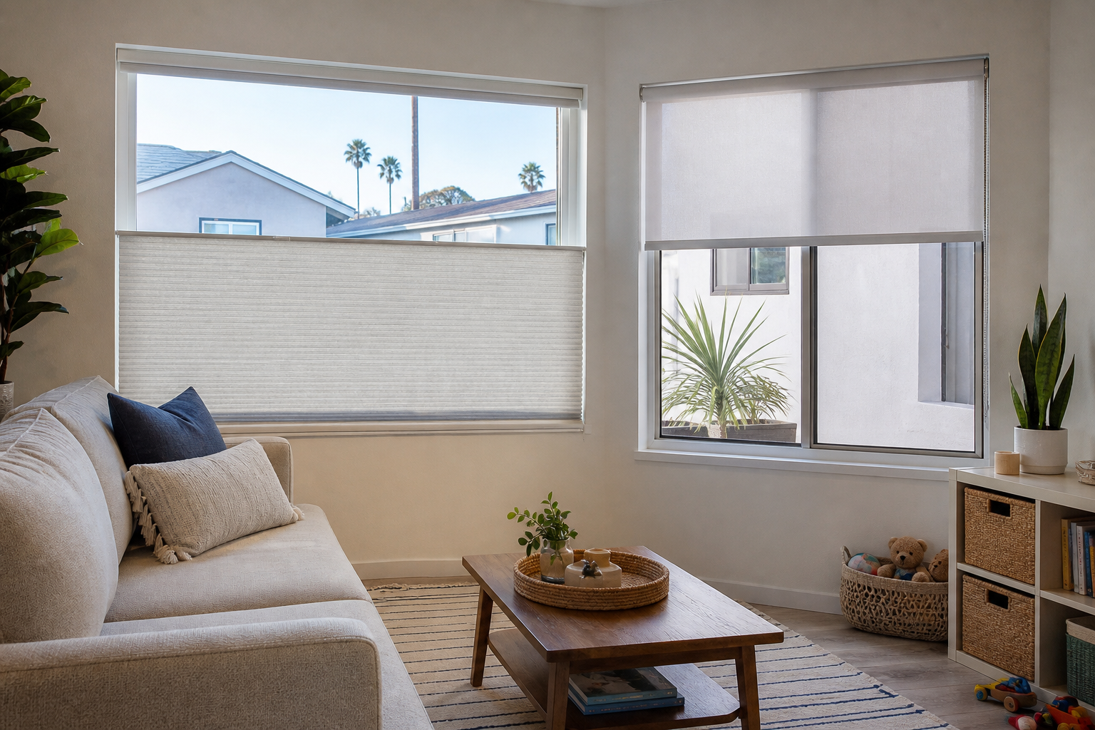 Privacy sheer shades closed for evening privacy in a South Bay living room