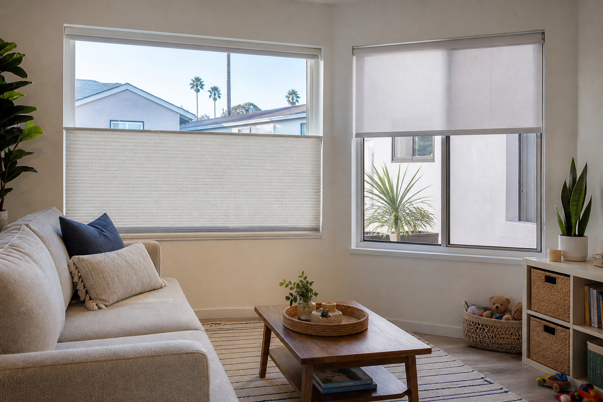 Privacy sheer shades closed for evening privacy in a South Bay living room