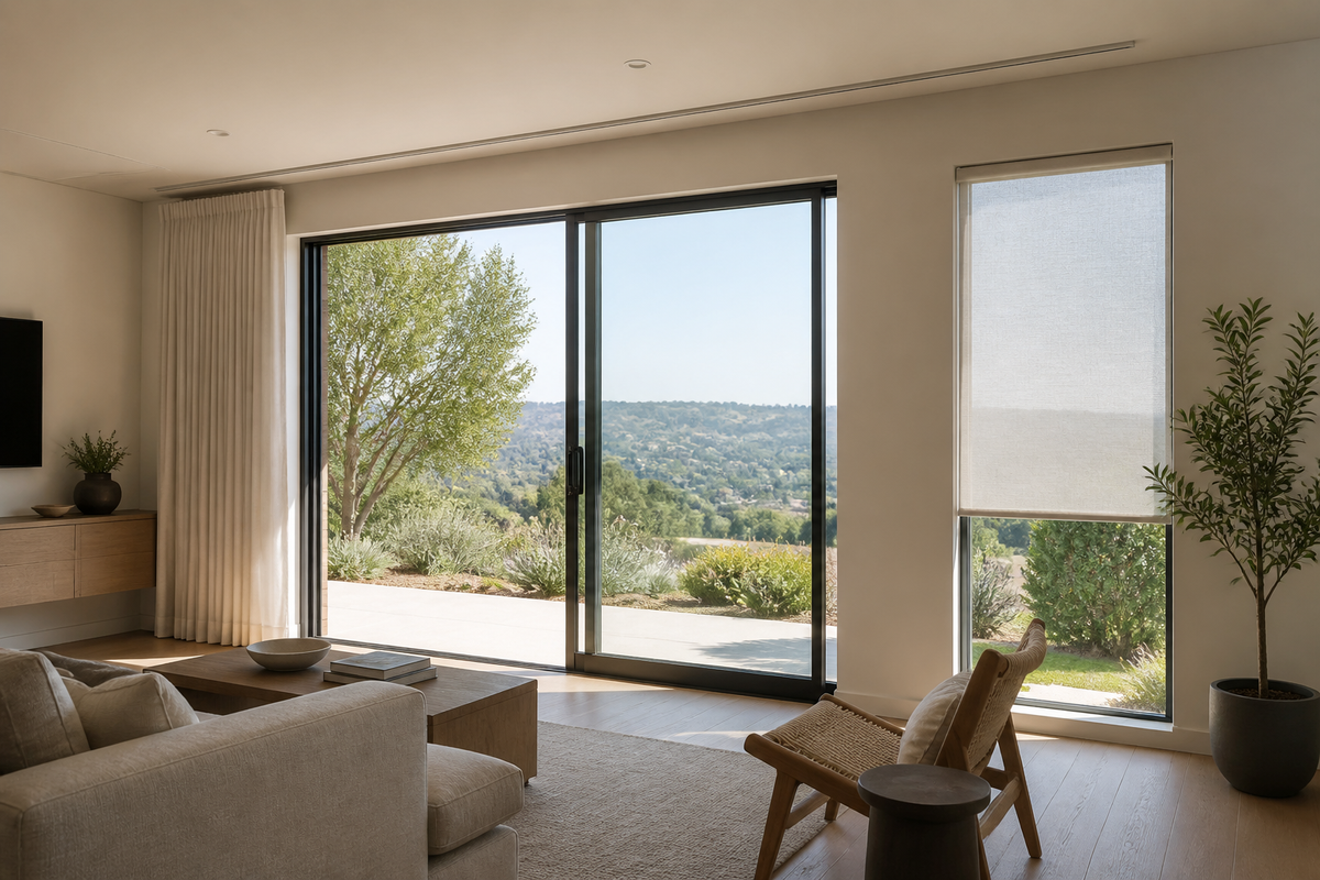 View-preserving window shades in a bright South Bay room