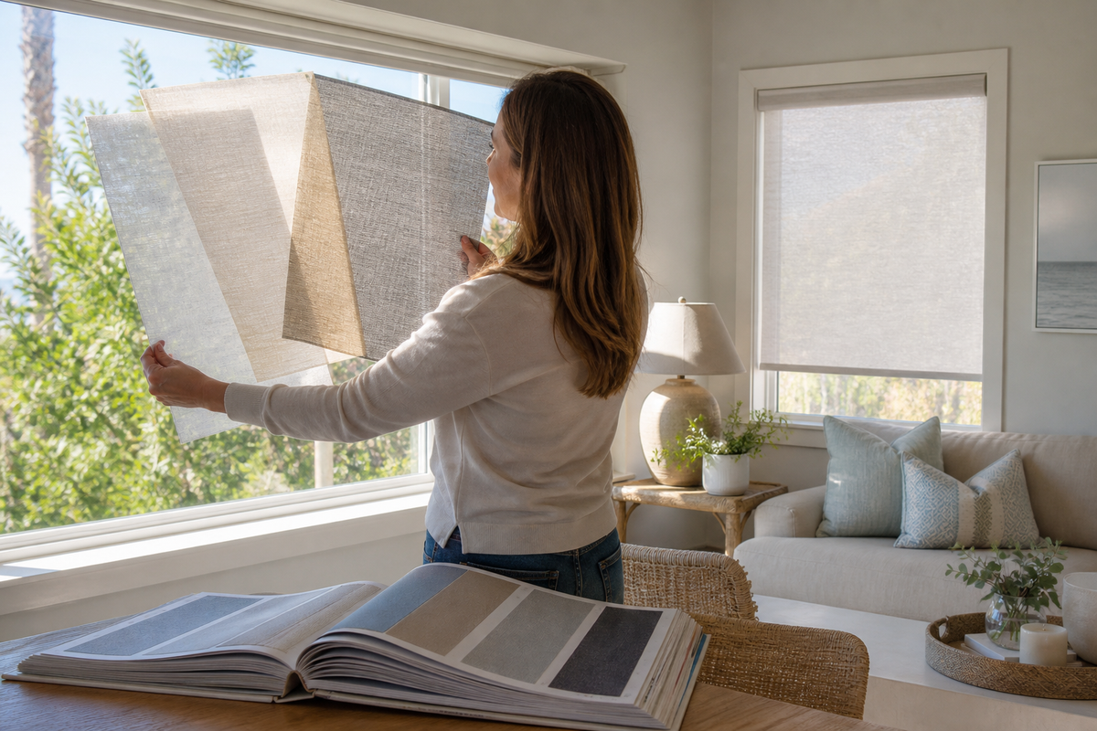 Window shade fabrics being compared in natural light inside a South Bay home