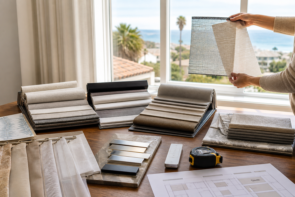 Solar shade fabrics being compared beside a bright South Bay window