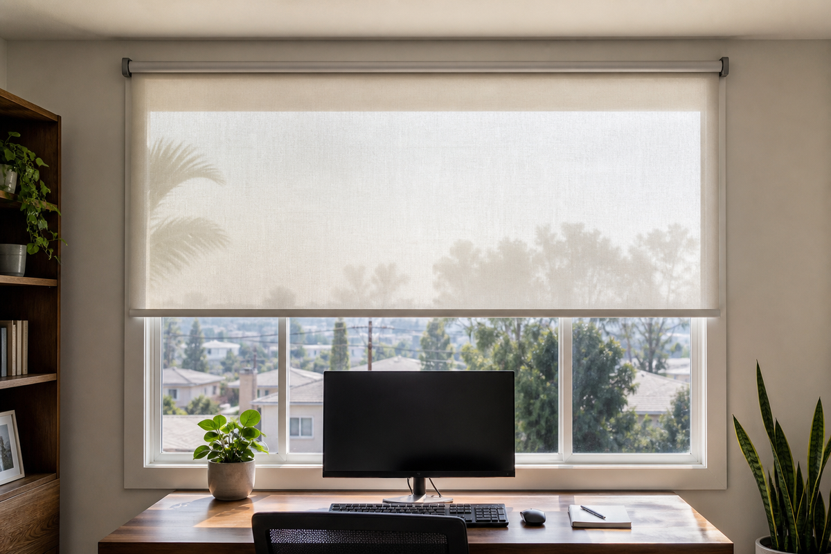 Light-filtering roller shade controlling daylight behind a South Bay home office screen