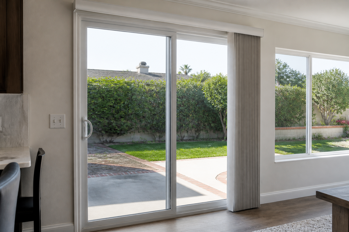 Sliding glass door with a bulky window treatment blocking the active doorway