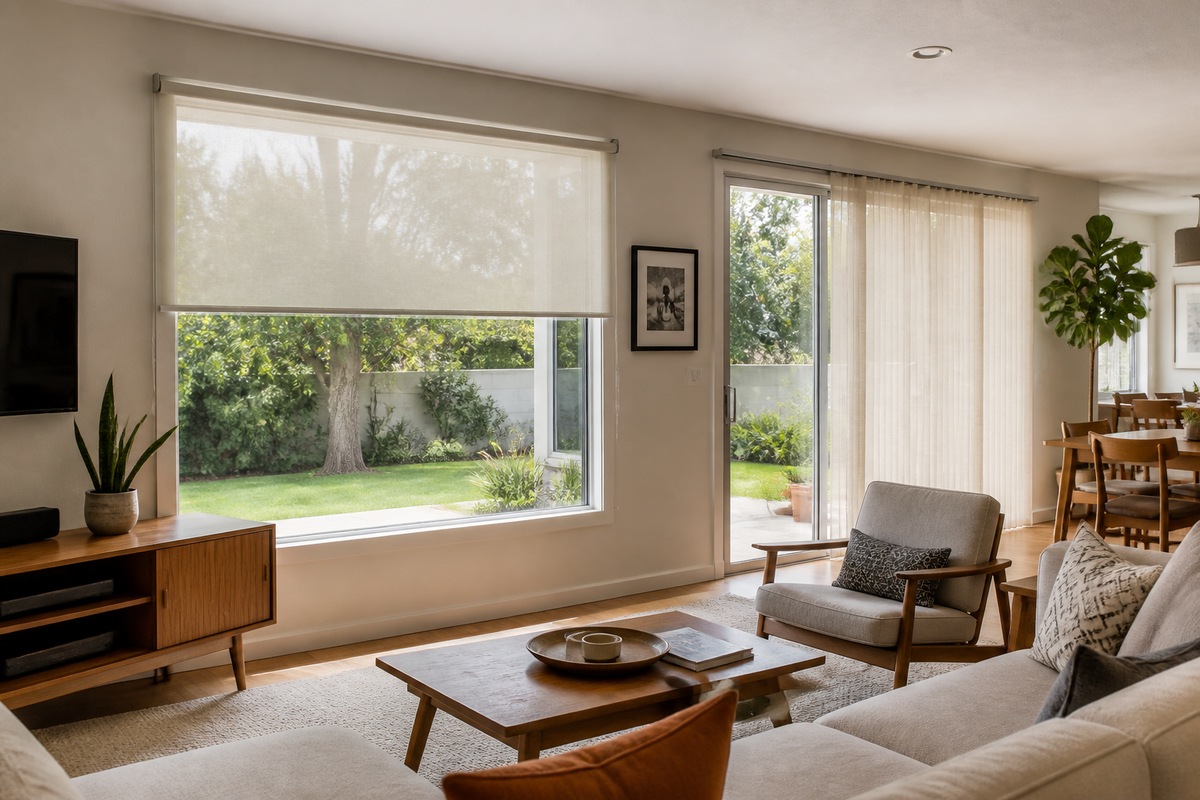 Wide South Bay sliding door with a neatly stacked fabric window treatment