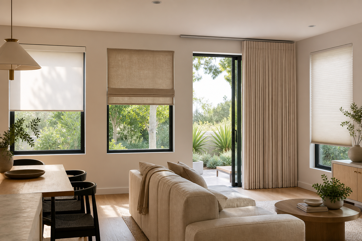 Coordinated window shades completing a furnished South Bay living space