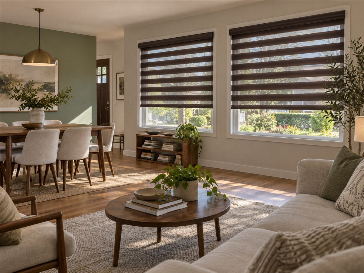 Rich brown zebra shades balancing daylight and privacy in a modern South Bay bungalow